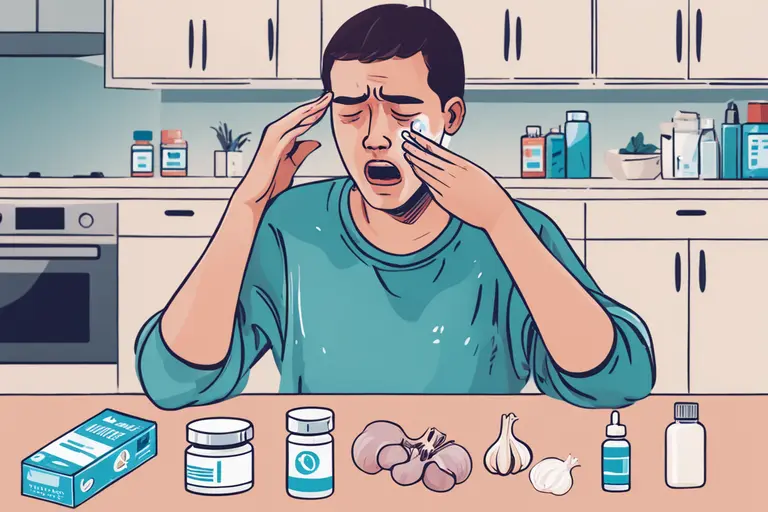  Person with a painful tooth using medication, cold compress, and garlic to find relief