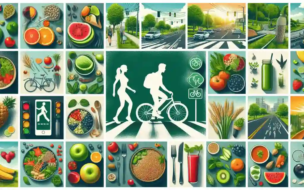 A person riding a bicycle promoting active transportation and a basket full of fresh fruits and vegetables showing plant based diets.