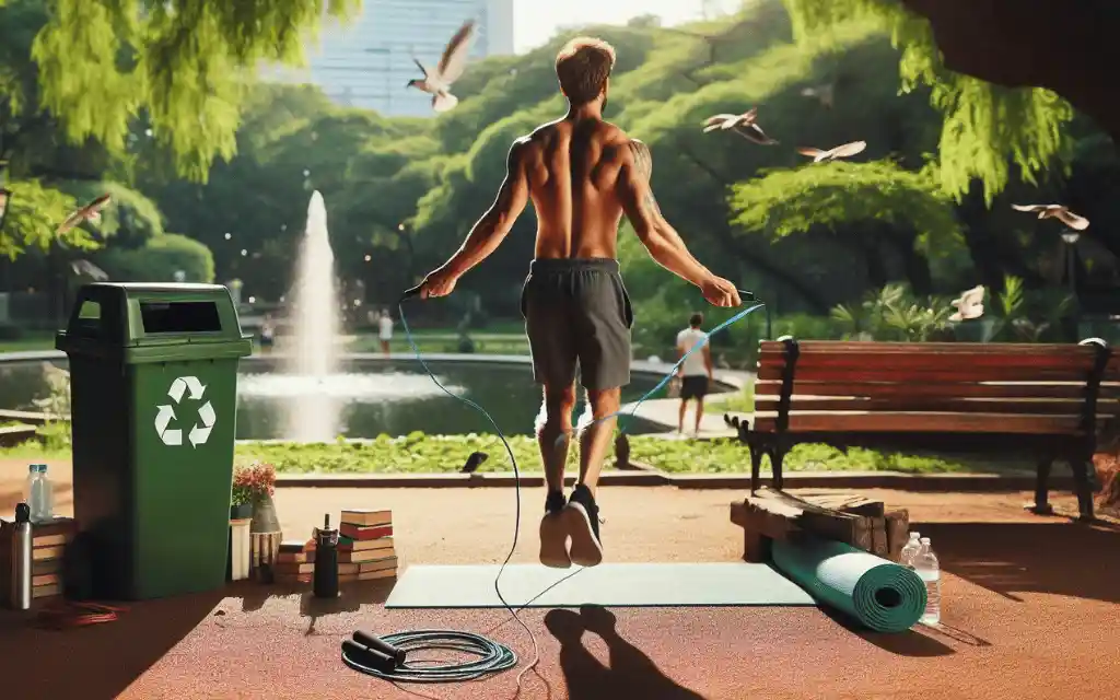 A man exercising with a skipping rope, demonstrating sustainable fitness equipment.