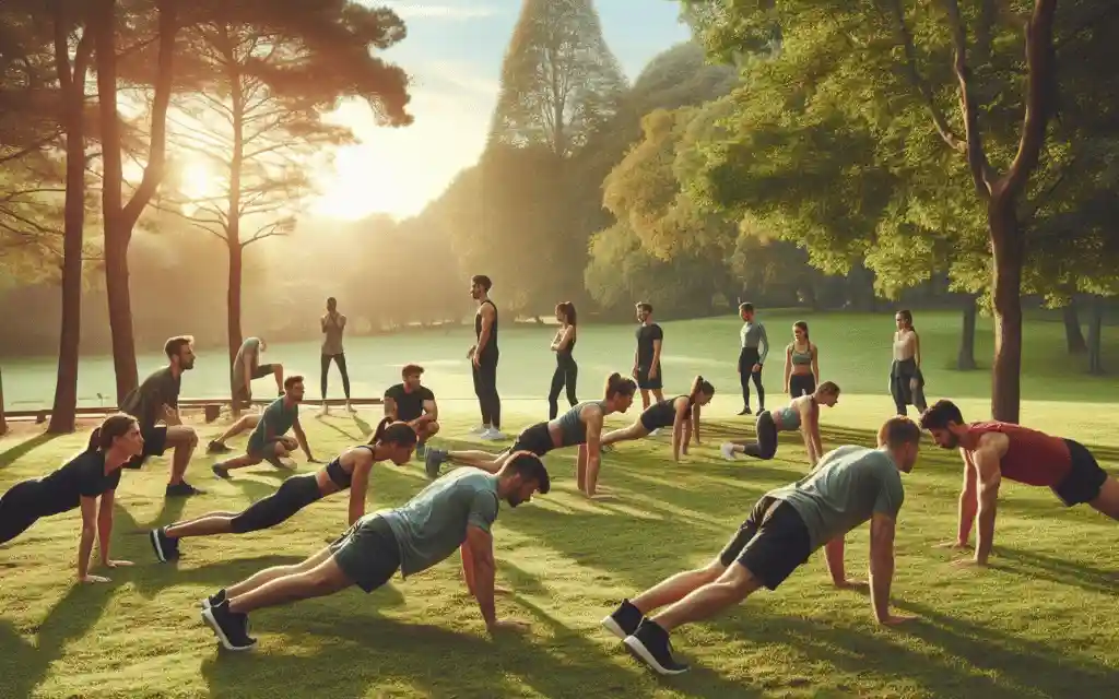 Multiple persons doing push-ups outdoors in a lush green park.